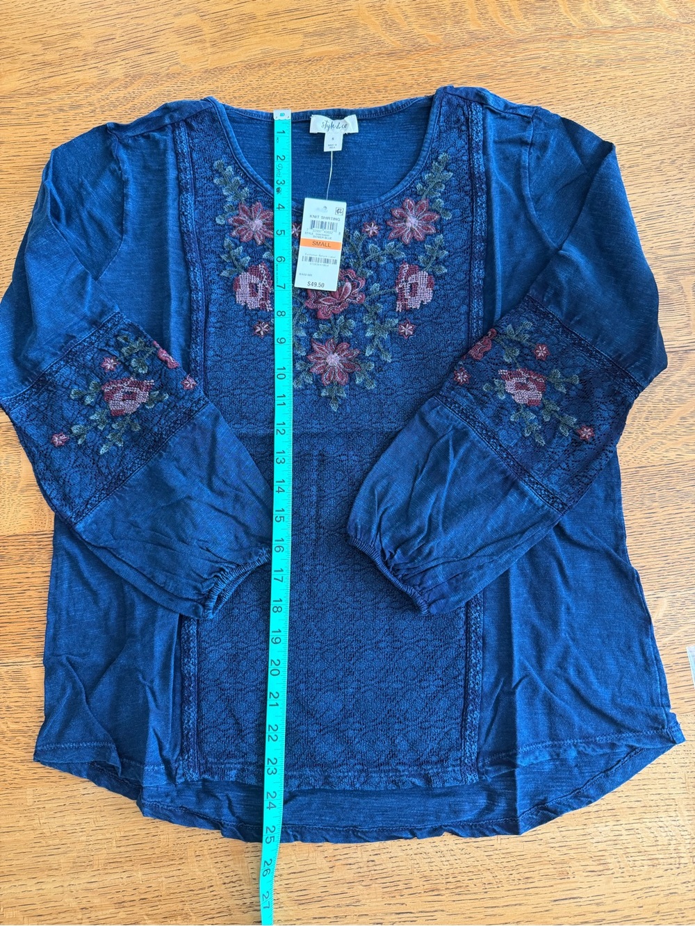 Style & Co. Vintage Navy Blue Embroidered Floral Peasant Blouse
